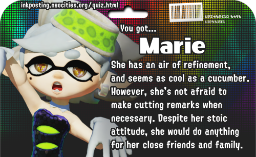 You got Marie! She has an air of refinement, and seems as cool as a cucumber. However, she's not afraid to make cutting remarks when necessary. Despite her stoic attitude, she would do anything for her close friends and family.